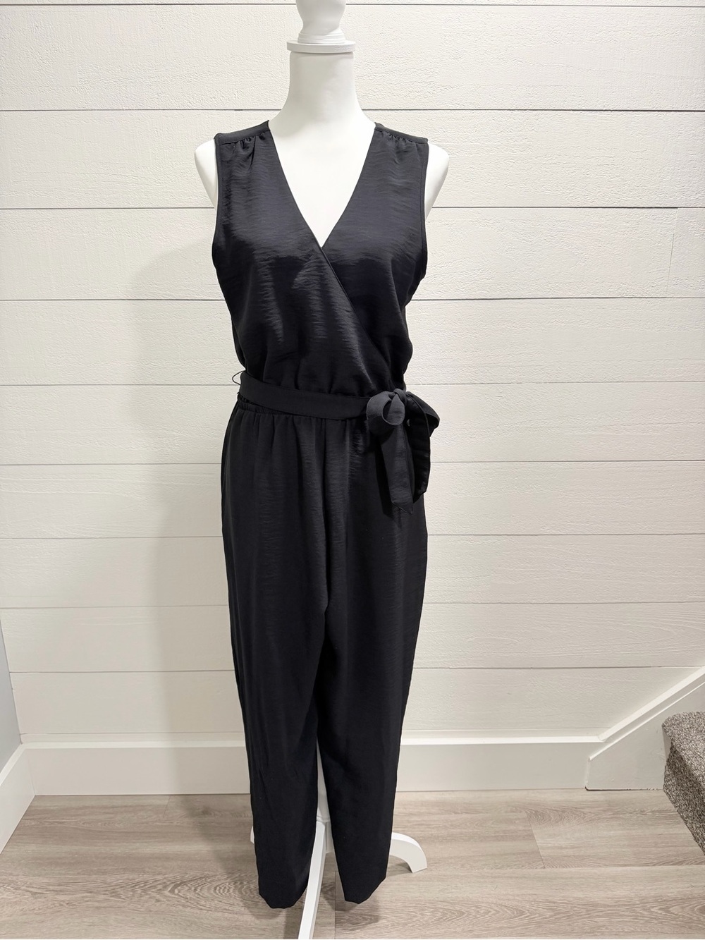 Lands' End Black Sleeveless Wrap Jumpsuit with Tie Waist